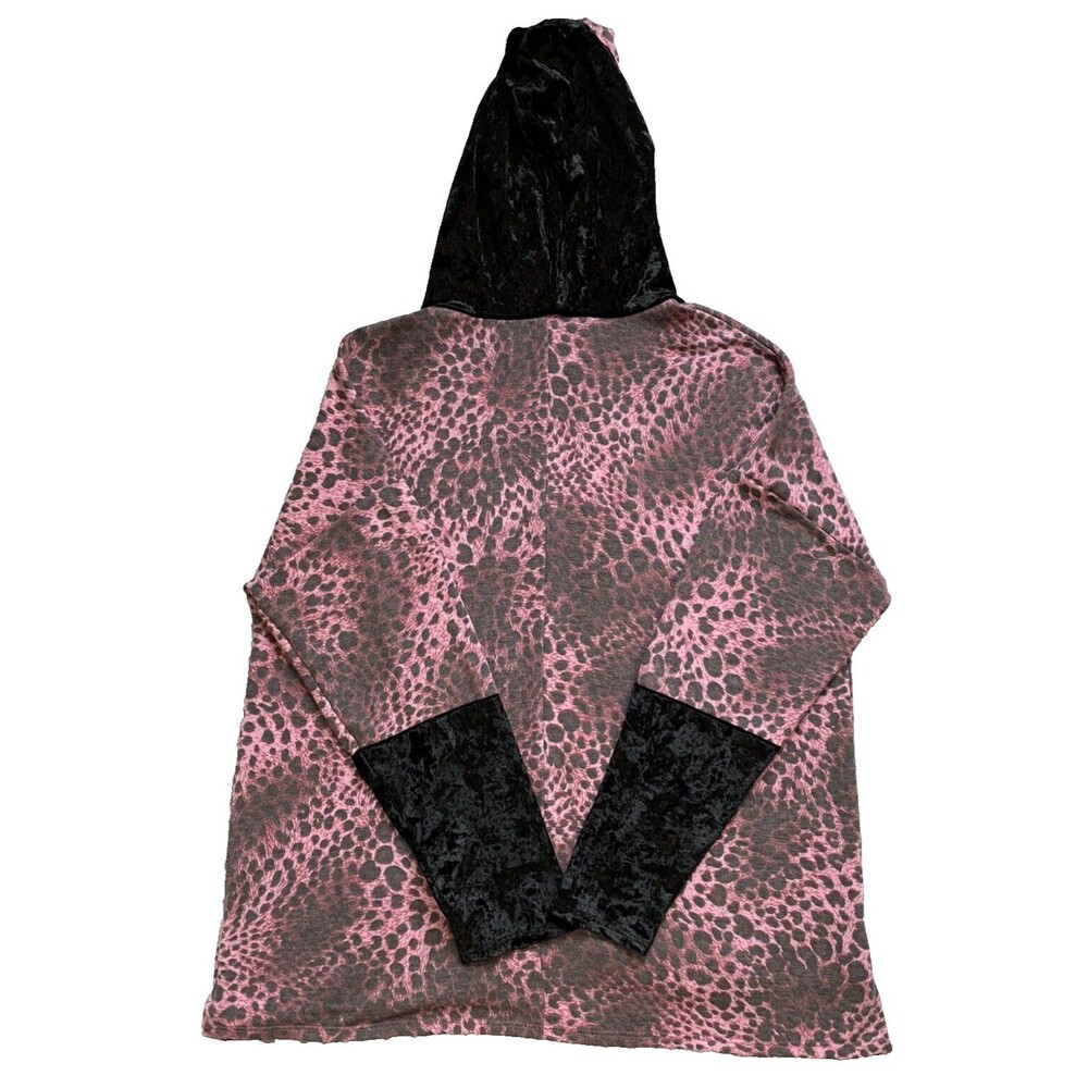 Honeyme Womens XL Hooded Long Sleeve Shirt Cheetah Pink Black Velour Pullover‎